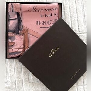 New in box!  Delvaux Pink Silk Scarf with Vintage Luggage Print NWOT